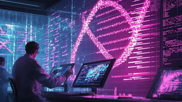 Scientist analyzes DNA data in a high-tech lab using advanced visualizations and computer monitors