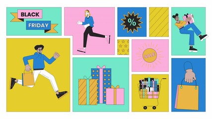 Black Friday weekend animated bento grid layout. Retail shoppers. Cyber Monday. Shopping bags people gift boxes 2D animation flat cartoon ui collage design. 4K video motion graphic collection - Powered by Adobe