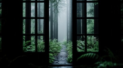 Misty Forest Path Viewed Through Open Doors Framed by Lush Greenery in Enchanting Natural Setting