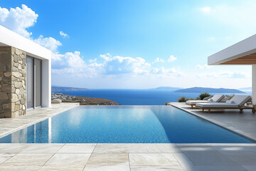 Fototapeta premium An infinity pool with modern sun loungers overlooking the sea, marble floors and walls, large glass windows, blue sky with clouds, a minimalist style.