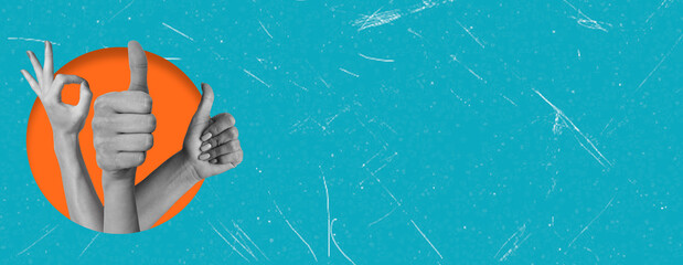 Modern art collage with the image of many hands showing thumbs up and all is well on blue background.