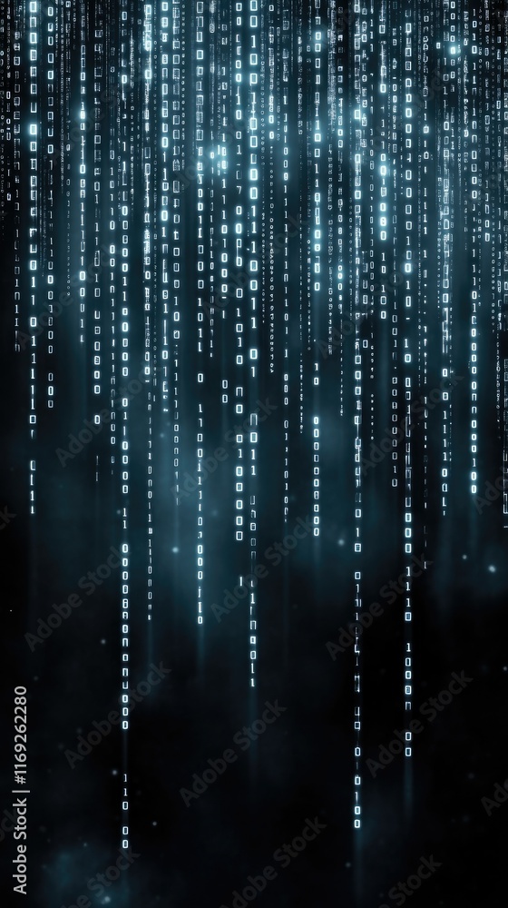 Poster glowing blue lines and numbers stretch across a dark background, creating an immersive digital techn