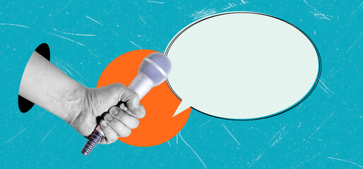 Contemporary art collage, featuring an image of a hand with a microphone and a message bubble on a blue background.
