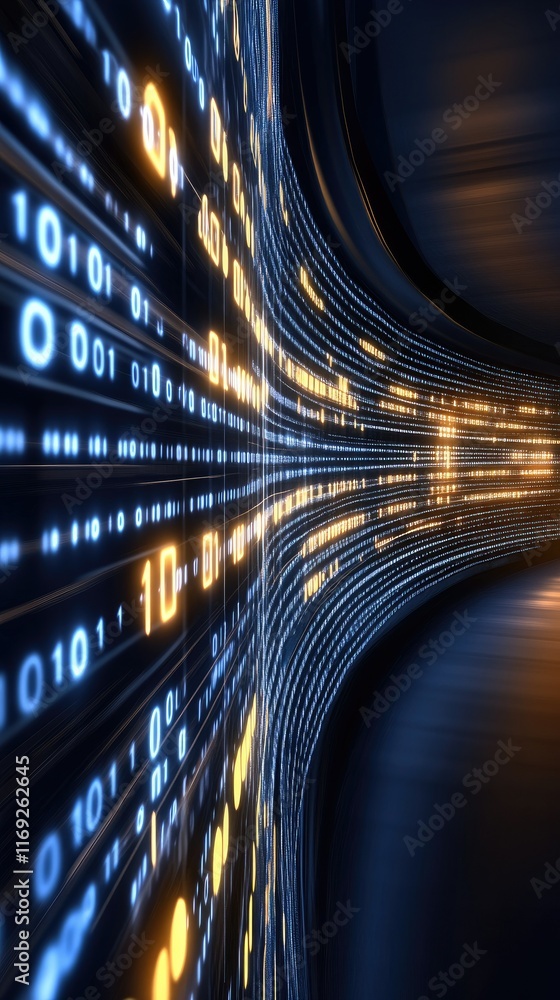 Poster glowing blue lines and numbers stretch across a dark background, creating an immersive digital techn