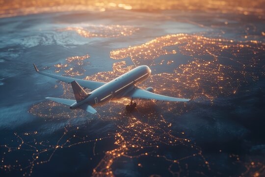 Airplane soaring over a global map with highlighted air routes for travel concepts