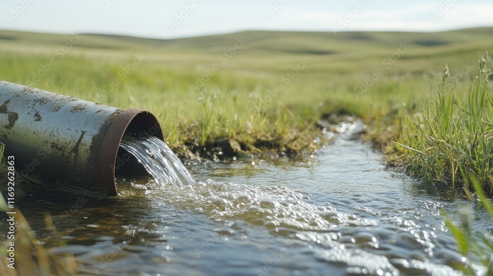 Poster close-up of clear water flowing from a pipe in an open field, symbolizing natural water flow, enviro