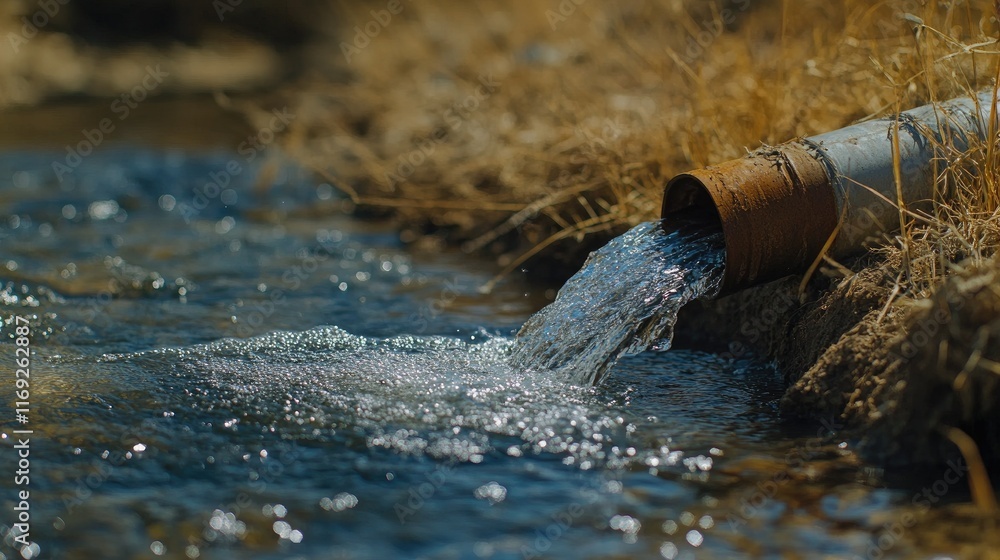 Poster close-up of clear water flowing from a pipe in an open field, symbolizing natural water flow, enviro