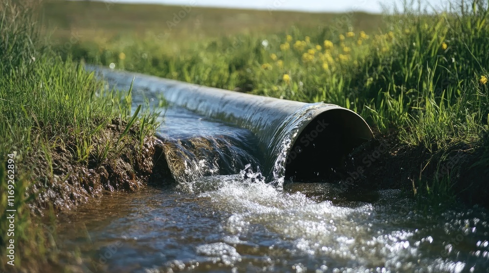 Poster close-up of clear water flowing from a pipe in an open field, symbolizing natural water flow, enviro