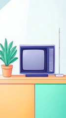 Retro TV Illustration: Brightly Colored Minimalist Digital Art of Vintage Television and Plant. AI Generated