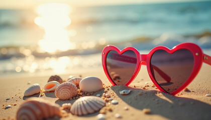 Heart-shaped sunglasses on sandy beach with seashells, Valentine's Day