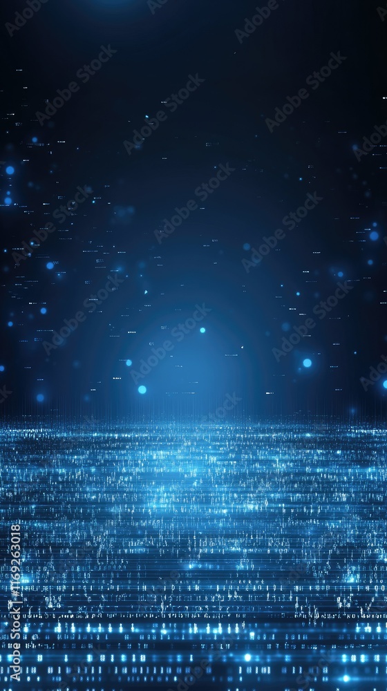 Poster glowing blue lines and numbers stretch across a dark background, creating an immersive digital techn