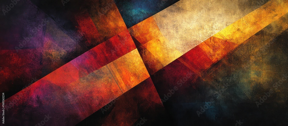 Poster abstract art with intersecting color blocks in warm and dark tones.