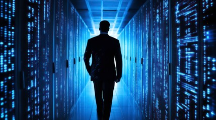 Silhouette of a businessman walking down a data center hallway with glowing server racks.