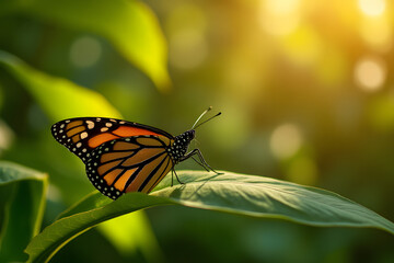 Obraz premium Monarch Butterfly Day featuring a monarch butterfly resting on a smooth green leaf