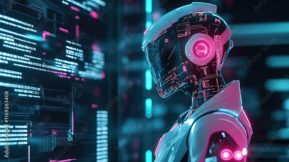 Aufkleber Digital AI chatbot interacting with a computer processor, with glowing circuits and futuristic technology displayed in a modern design.