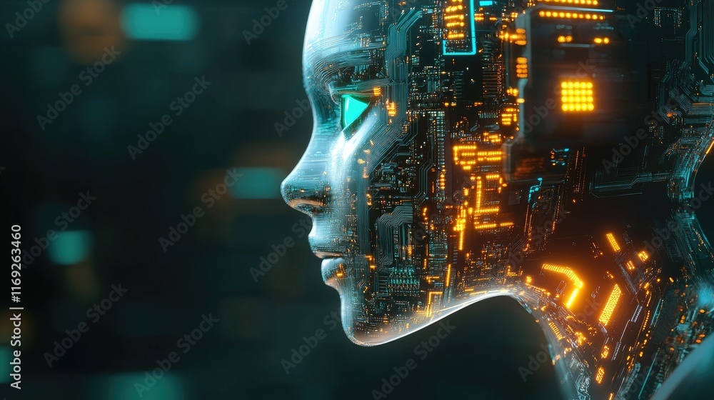 Aufkleber Digital AI chatbot interacting with a computer processor, with glowing circuits and futuristic technology displayed in a modern design.
