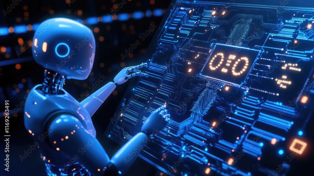 Aufkleber Digital AI chatbot interacting with a computer processor, with glowing circuits and futuristic technology displayed in a modern design.