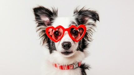 St. Valentine's Day concept. Funny puppy dog in red heart shaped glasses isolated on white background. Lovely dog in love celebrating valentines day. Love lovesick romance postcard