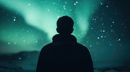 Silhouette of person watching northern lights glowing across a starry night sky.