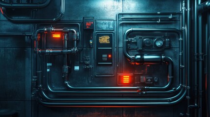 Obraz premium Industrial Pipe System with Control Panel and Neon Lights