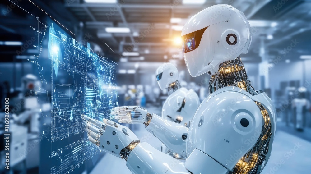 Poster Industrial robots working on a modern factory floor, showcasing automation and cutting-edge technology in manufacturing processes.