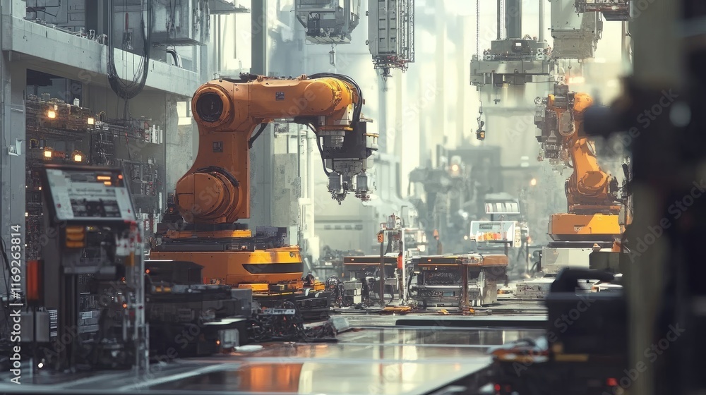 Poster industrial robots working on a modern factory floor, showcasing automation and cutting-edge technolo