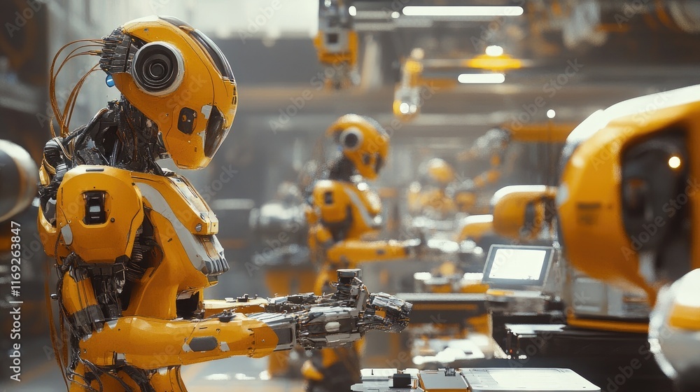 Poster Industrial robots working on a modern factory floor, showcasing automation and cutting-edge technology in manufacturing processes.