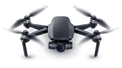 Fototapeta premium A compact black drone hovers with its propellers spinning. Ideal for aerial photography and videography capturing stunning landscapes and urban scenes.