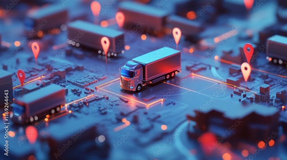 Poster smart logistics system visualization with trucks and gps markers on a digital map, representing the 