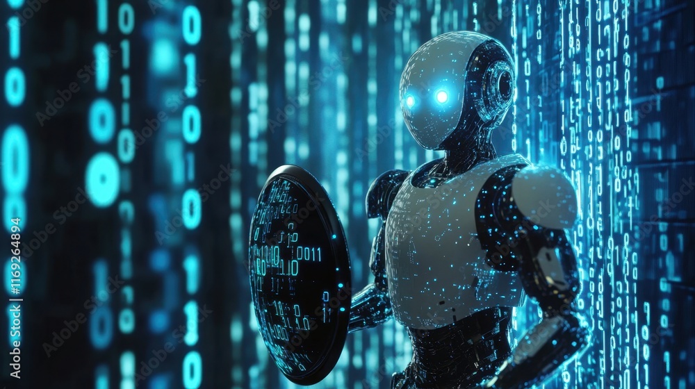 Poster futuristic robot holding shield surrounded by binary code visualization