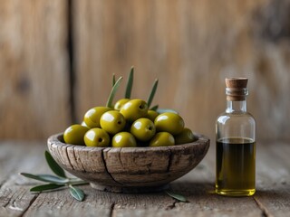 Green olives in a wooden bowl and olive oil on a wooden background.