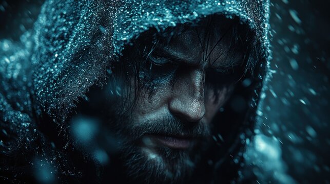 Frozen warrior in blizzard.