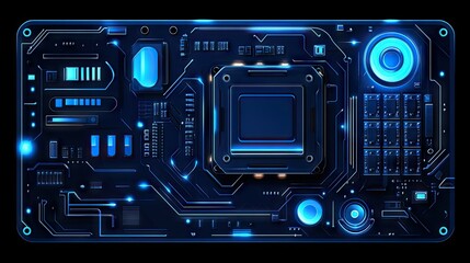 Futuristic circuit board with glowing blue lights. Ideal for technology backgrounds websites presentations or any project needing a high-tech feel.