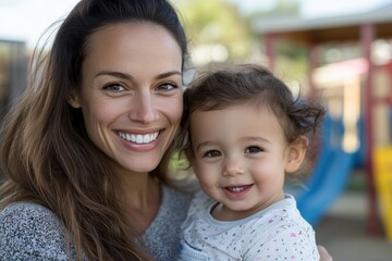 Fototapeta premium A smiling mother holds her child in a vibrant park setting, showcasing the warmth of family connection and joyful moments shared together outdoors.