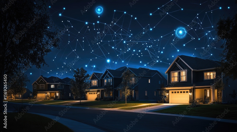 Poster suburban houses illuminated at night, with digital data transactions floating above, representing th