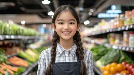 Young girl smiling in a grocery store aisle.