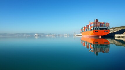 Fototapeta premium Vibrant Cargo Ship Docked at Serene Port Under Clear Blue Sky