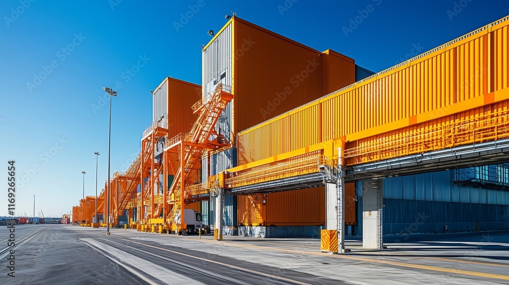Poster modern container terminal with bright orange cargo structures