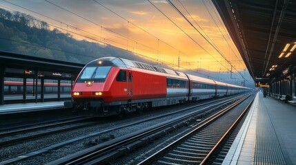 Naklejka premium Sunset Train at a Station with Passengers