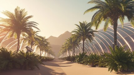 Fototapeta premium Futuristic Arab Solar Orchard: Robotic Pruning in Desert Valley with Shimmering Greenhouse Walls under Bright Midday Sun - Cinematic Environment