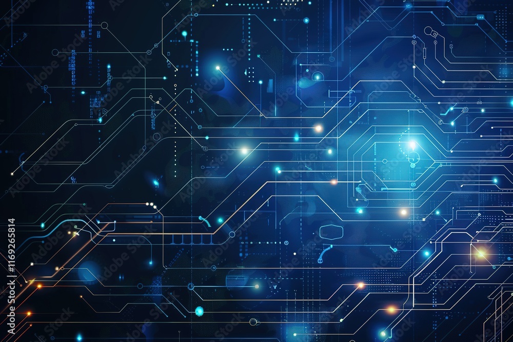 Poster abstract digital circuit board pattern. glowing lines and nodes on dark blue background.
