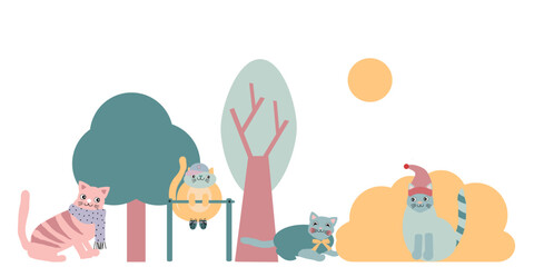 Graziosi gatti al parco, illustrazione isolata
