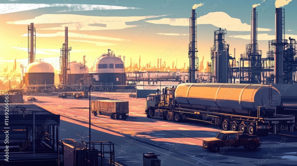 Poster supervisors overseeing petroleum shipping operations at a port, with cargo containers and large mach