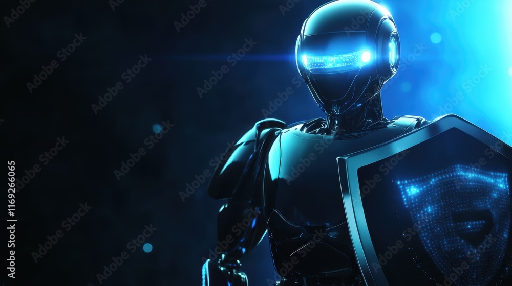Poster futuristic robot warrior with shield in dark sci-fi environment
