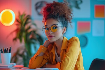 Creative strategist brainstorming in a colorful modern workspace