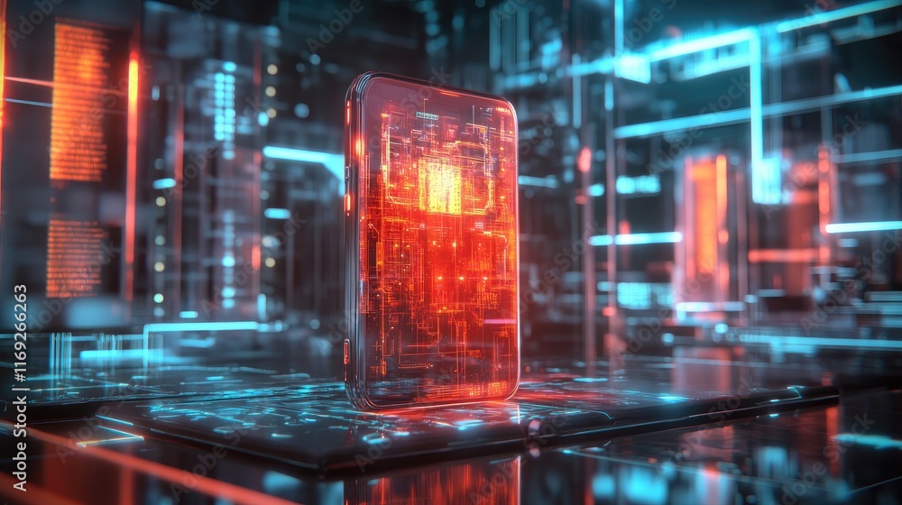 Poster the future is calling with a high-tech phone and holographic visuals, representing the advancements 