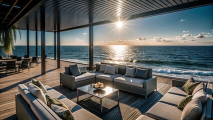 Fototapeta premium Wide-angle view of beach lounge, sun-kissed furnishings, panoramic ocean view, sunny summer vibe.