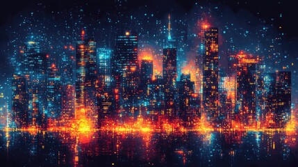 Pixel art cityscape at night with vibrant colors and reflections. Ideal for digital art backgrounds game design or music album covers.