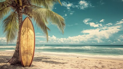 Surfboard resting under palm trees on a quiet beach at sunrise in a tropical paradise