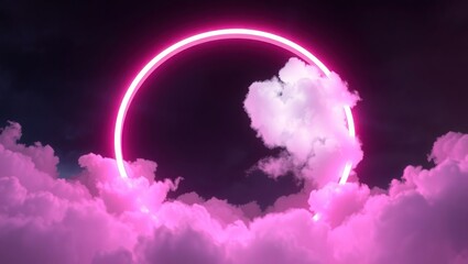 Pink Neon Circle in Cloudscape Abstract Art